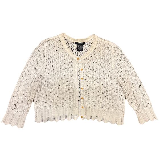 Apostrophe Sweaters - Vtg Cardigan Womens Xl Petite Knit Eyelet Scalloped 80s Cottagecore White Cream
